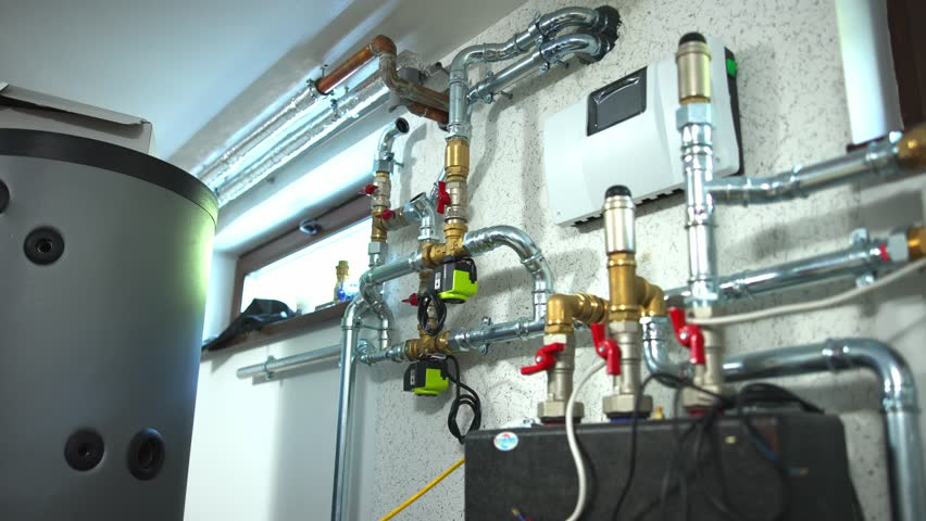 Complicated plumbing and circulation pumps of a modern central heating system in a utility room