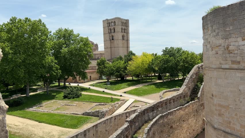 Panoramic view of a stone castle courtyard