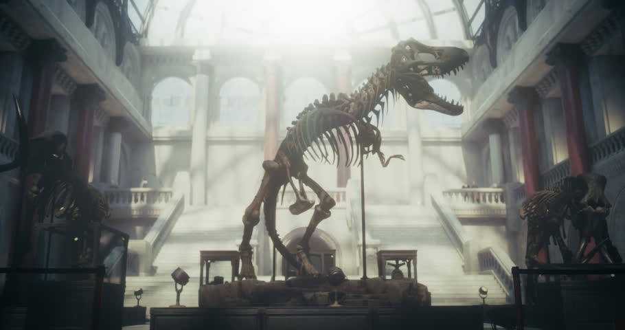 Natural History Museum With a Father and Young Son Holding Hands, Watching and Learning About a Giant T-rex Dinosaur Skeleton in a Grand Hall With Classical Columns. Family Fun and Education