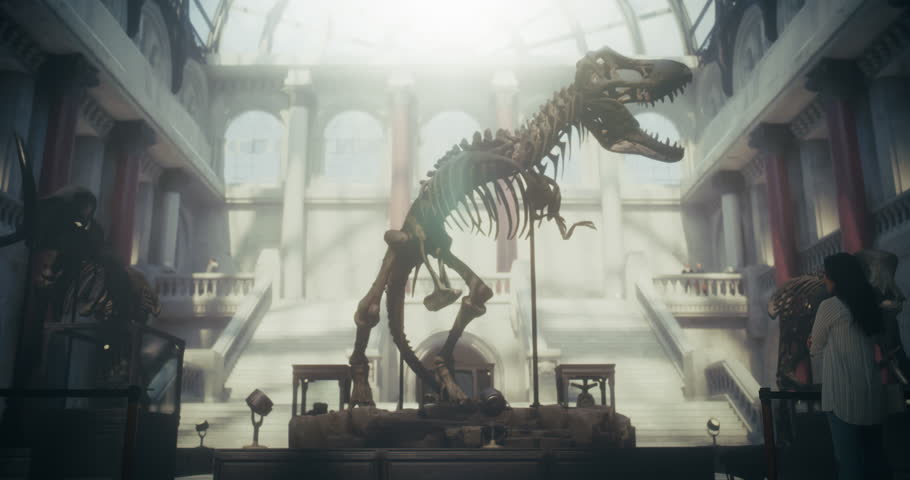 Natural History Museum Visit With Father and Son Holding Hands, Watching a Massive T-rex Dinosaur Skeleton, Learning About Ancient Prehistoric Fossils Together in a Bright Grand Exhibition Hall.