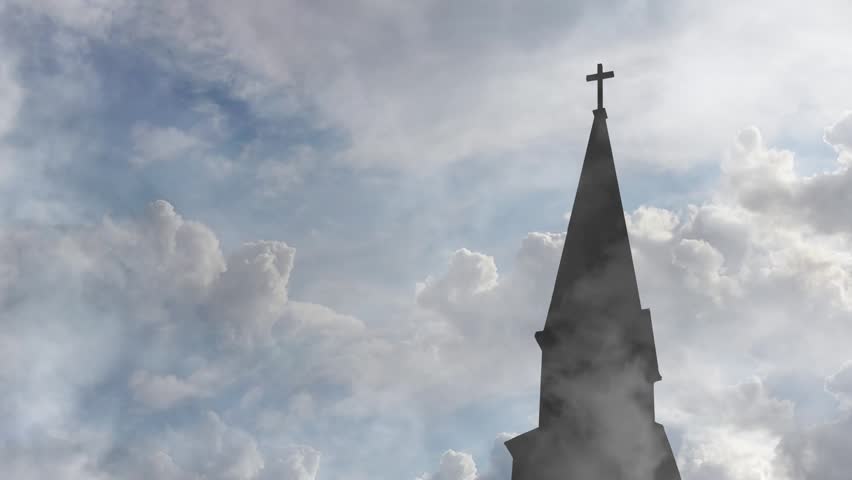 Church Steeple Silhouette with Cross Against Dramatic Storm Clouds 