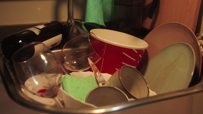 Pile of dirty dishes, wine glasses, and empty wine bottles in a kitchen sink after a house party. Messy home cleanup concept. High quality 4k footage