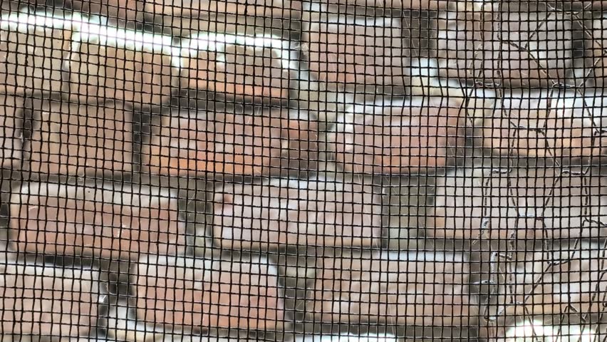 Close up of a black wire mesh screen with a red brick wall background