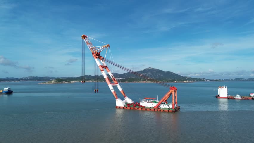 Aerial drone shot of three-vessel offshore construction fleet at Pingtan Island, China. Large floating crane, twin-tower work platform and support vessel operating in formation on calm sea. Multiple heavy engineering ships coordinated for marine project. Complete offshore construction work site scene.