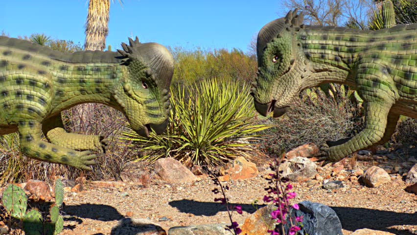 Pair of Animatronic Pachycephalosaurus Dinosaurs in Desert Landscape