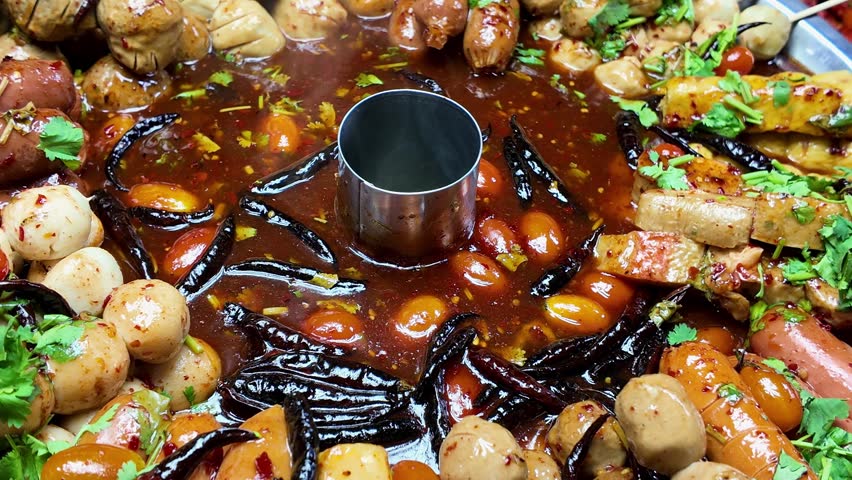Detailed close up of rich spicy sauce surrounded by assorted Thai street food skewers including sausages, fish balls, tofu, mushrooms and vegetables at a bustling night market. Authentic Thai cuisine in 4K.
