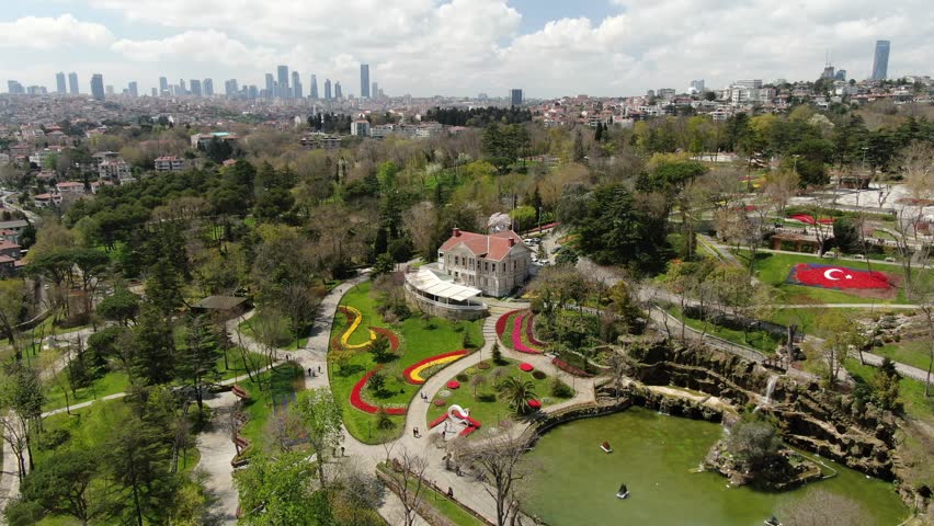 Aerial view of the Bosphorus with tulips; view of the Turkish flag; general aerial view of Istanbul