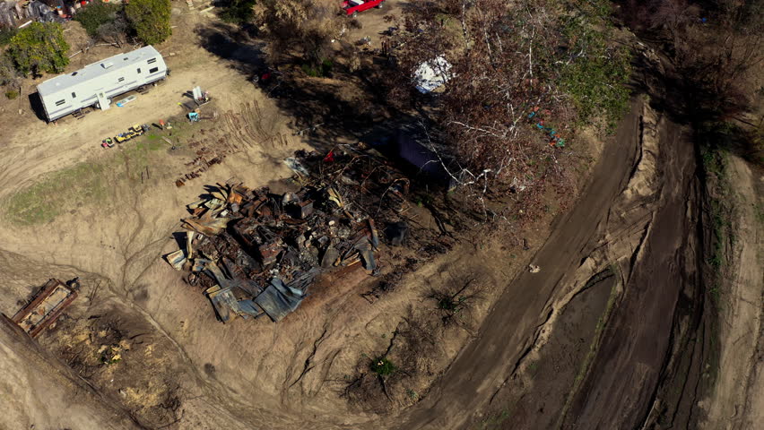 Aerial view of structure fire aftermath in San Bernardino, California 
