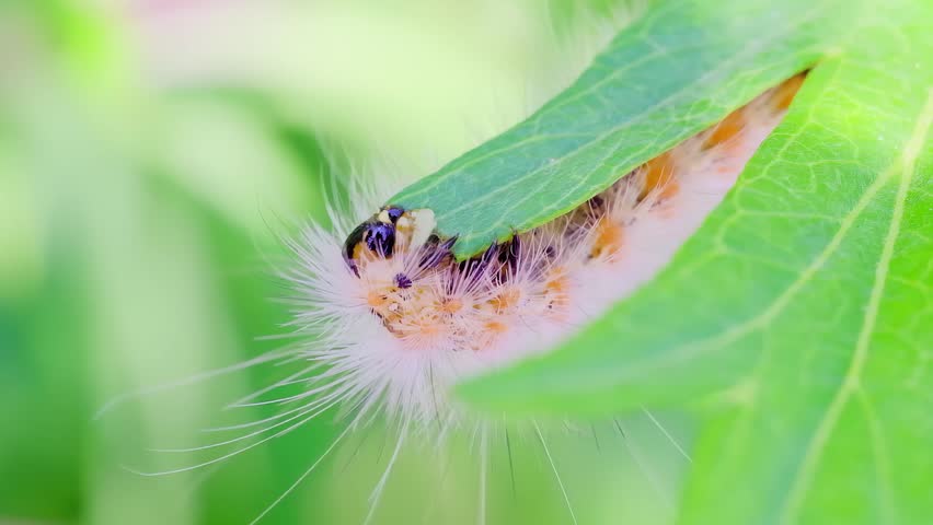 Hungry White Hairy Caterpillar Eating Green Leaf Macro Video