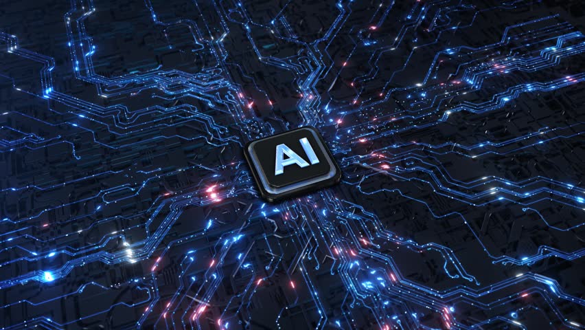Artificial Intelligence Processor on Circuit Network AI processor glowing electronic circuitry dynamic light traces spreading outward. machine learning, automation, robotics, and high. 3D Illustration