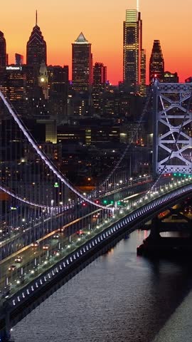 Sunset Skyline In Benjamin Franklin Bridge At Philadelphia In Pennsylvania United States. Highrise Buildings Landscape. Colorful Sunset. Philadelphia At Pennsylvania United States.