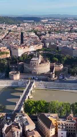 Sant Angelo Castle At Rome In Lazio Italy. Medieval Buildings. Roman Bridge Tiber River. Sant Angelo Castle At Rome In Lazio Italy. Tourism Landmark. Sant Angelo Castle. Rome Skyline.