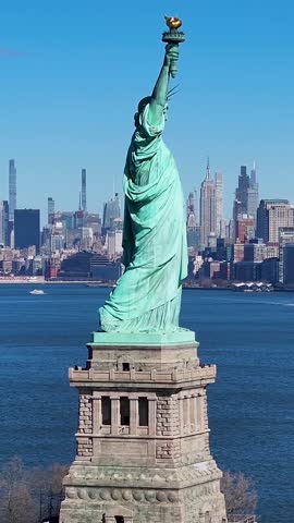 Liberty Statue At Manhattan In New York United States. Hudson River. Port Of New York Scene. Liberty Statue At New York United States. Boat Sailing Background.