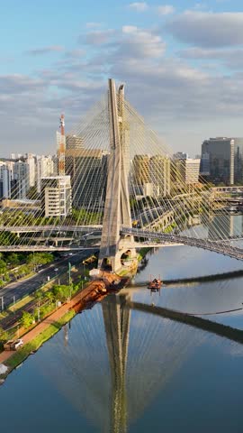 Cable Bridge At Downtown In Sao Paulo Brazil. Cityscape Bridge. Traffic Road. Sao Paulo Brazil. City Skyline Landscape. Cable Bridge At Downtown In Sao Paulo Brazil.