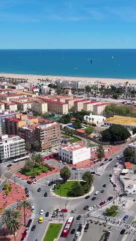 Las Arenas Beach At Valencia In Valencian Community Spain. Urban Beach. Bay Water Scenery. Downtown City. Las Arenas Beach At Valencia In Valencian Community Spain. Peaceful Landscape.