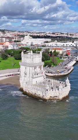 Belem Tower At Lisbon In Lisbon District Portugal. Coastal Castle. Fortress Landscape. Belem Tower At Lisbon In Portugal. Medieval Building. Touristic Landmark. Portugal Skyline.