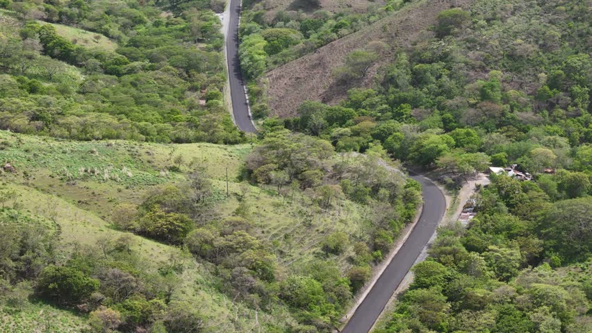 A long road curves through hilly terrain with trees and plants on both sides. This area shows nature and some signs of human presence.