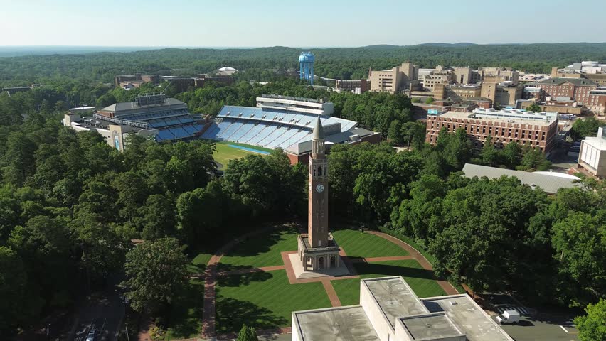 Aerial flyover view of University of North Carolina campus in Chapel Hill , North Carolina