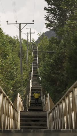 Rear view of a traveler climbing a long, steep wooden staircase surrounded by lush forest and electrical power lines in the village of Caleta Tortel, Patagonia, Chile.