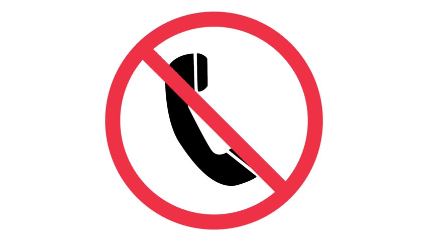 No Phone Call Prohibited Telephone Animation. Animated flat line icon showing a black telephone handset crossed out by a red forbidden sign.