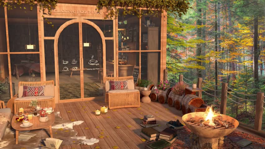 Cozy rustic cafe interior with outdoor terrace overlooking autumn forest