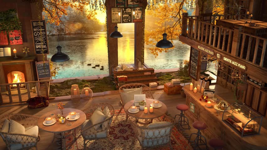 Rustic lakeside coffee shop with interior loft and autumn sunset views
