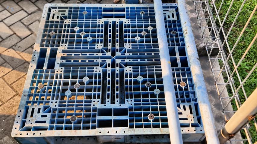 Heavy duty blue plastic pallet on outdoor paving for industrial warehouse storage and freight logistics.
