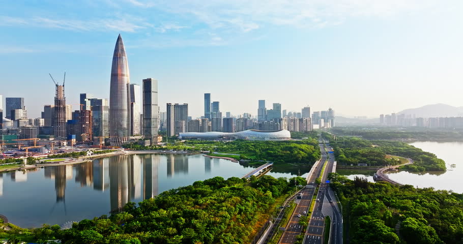 Modern urban cityscape with skyscrapers and a waterfront park in Shenzhen, China