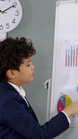 Young boy in suit points at financial charts on whiteboard during professional office presentation.