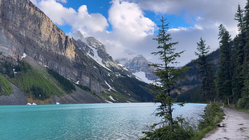Beautiful lake and mountains in Banff National Park with blue water and trees in summer