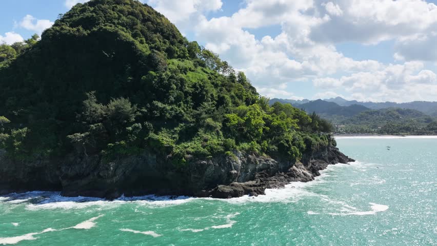 A lush cliffside forest meeting the ocean with blue water distant hills and a bright sky