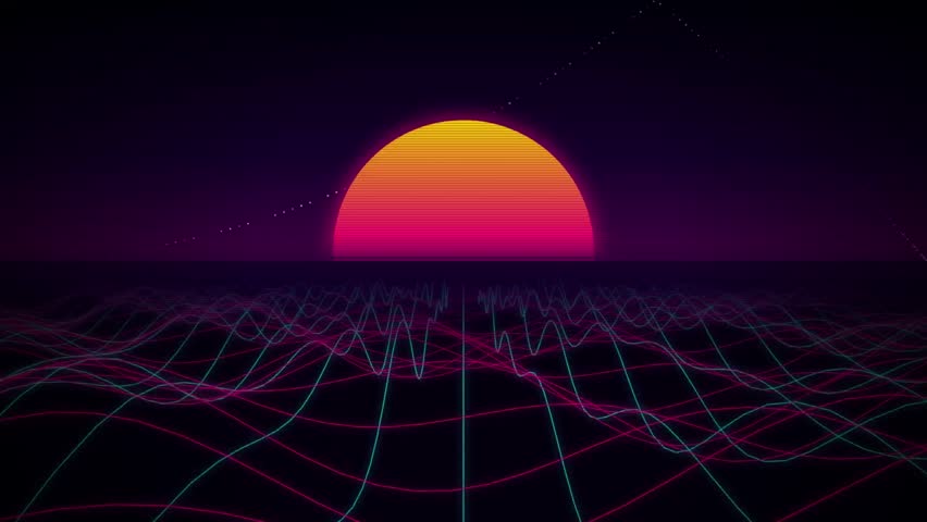 Retro 80s synthwave motion background with glowing sun and neon digital grid landscape