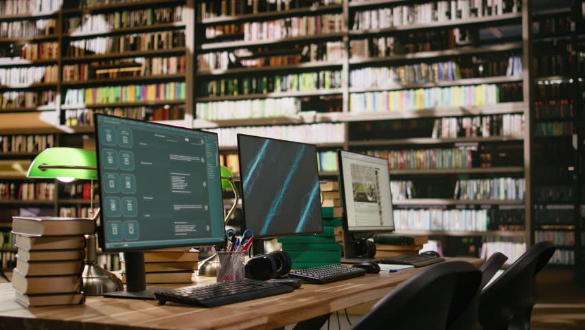 Multiple computer monitors show virtual assistant and blue display on interfaces at library study desk, Space with stacked books, green lamps and keyboards in computer lab.