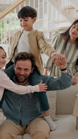 Family, carry or shoulder with child on sofa for bonding time, play or weekend together in home. Happy dad, kid or laughing with mom or sibling on living room couch for holiday or vacation in house