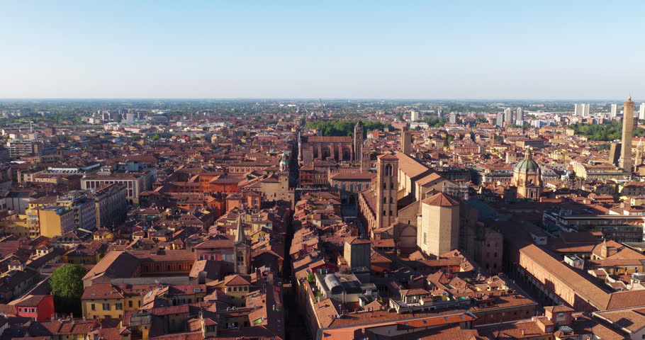 Historic City Center Of Bologna, Italy, With Terracotta-tiled Rooftops. Aerial Rotating Shot
