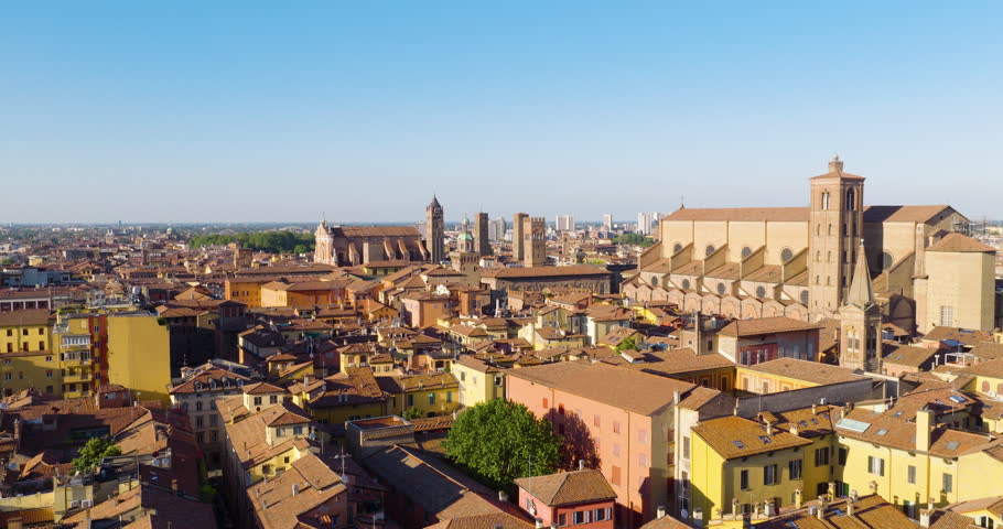 Expansive Terracotta-roofed Cityscape With Basilica di San Petronio At Bologna, Italy. Aerial Drone Shot