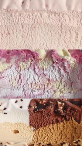 Ice cream is scooped with an ice cream scoop, forming perfect round scoops. Collage featuring three different ice cream flavors viewed from above. Top view food close-up showcasing creamy textures, colorful frozen desserts, and a satisfying serving process.