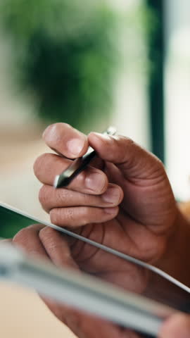 Person, hands and drawing with tablet pen in home for digital design, UI or interaction. Man, graphic designer and user sketching with technology app for online creativity, engagement or UX in house