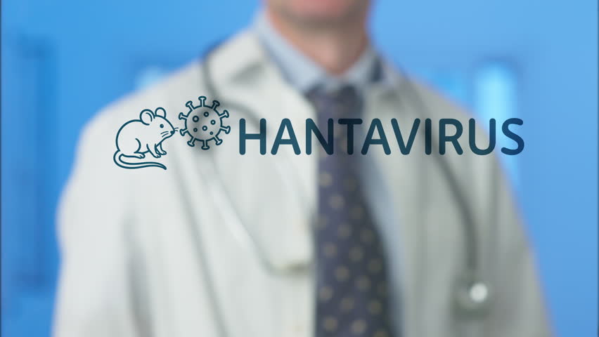 Blurred male doctor writing on a transparent screen, drawing a red circle around an icon depicting a mouse transmitting the hantavirus, illustrating the zoonotic nature of the infection