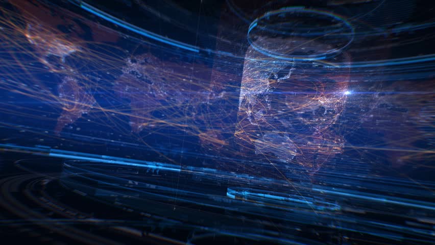 Network Earth Map. Video in loop. Global rotating earth map in shades of red and blue with wire connections. 