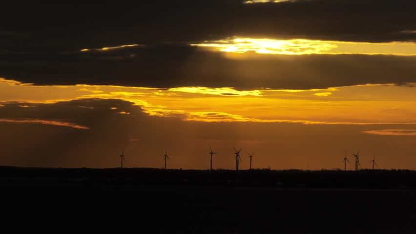 A silhouette of windmills in a field under golden sunset sky