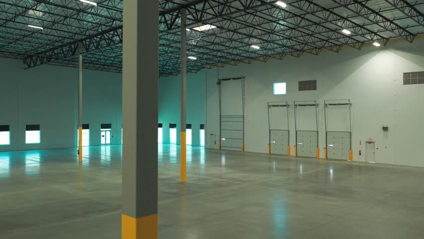 Wide aerial dolly shot of the speed bay inside an industrial warehouse in Lancaster, California. 4K