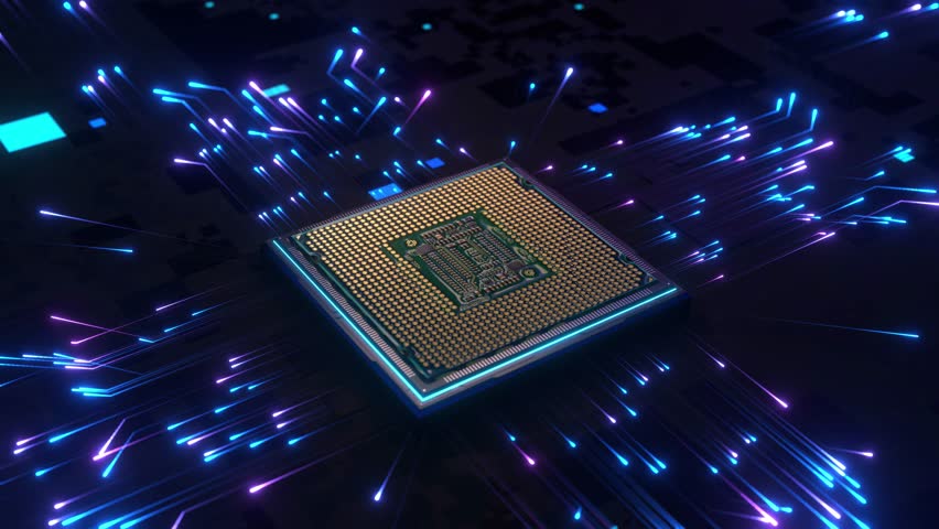 AI Chip And Circuit Board CG Animation Representing Semiconductor Technology And Advanced Computing