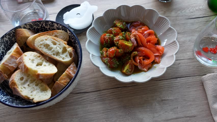 Šarenka sashimi dish with rainbow trout and tomato pesto, top view