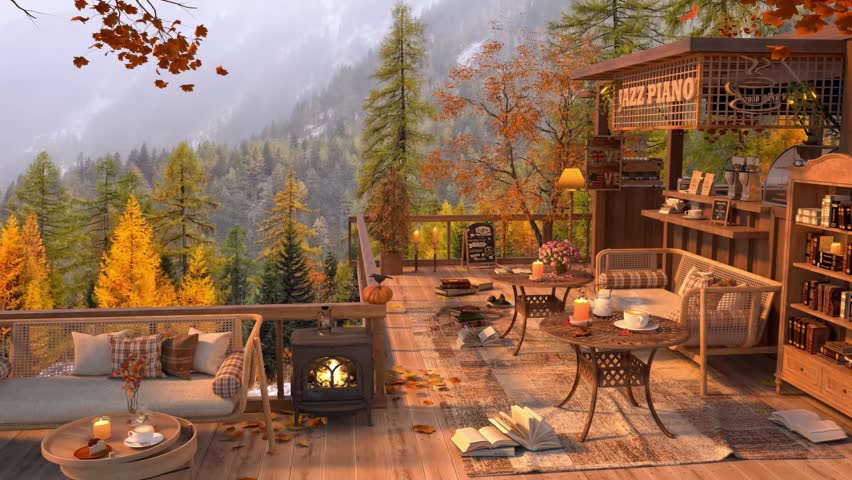 Outdoor deck cafe with jazz piano sign overlooking mountain autumn fores

