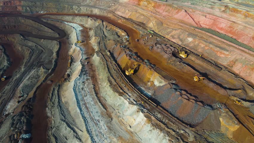 Iron ore quarry, aerial view, drone flyover