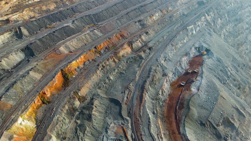 Iron ore quarry, aerial view, drone flyover
