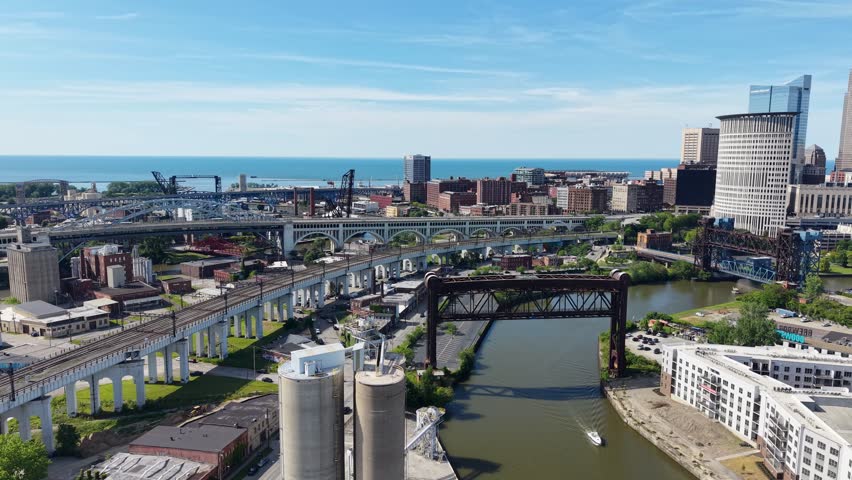 Aerial footage of Skyscrapers and office buildings in the skyline in downtown Cleveland Ohio USA