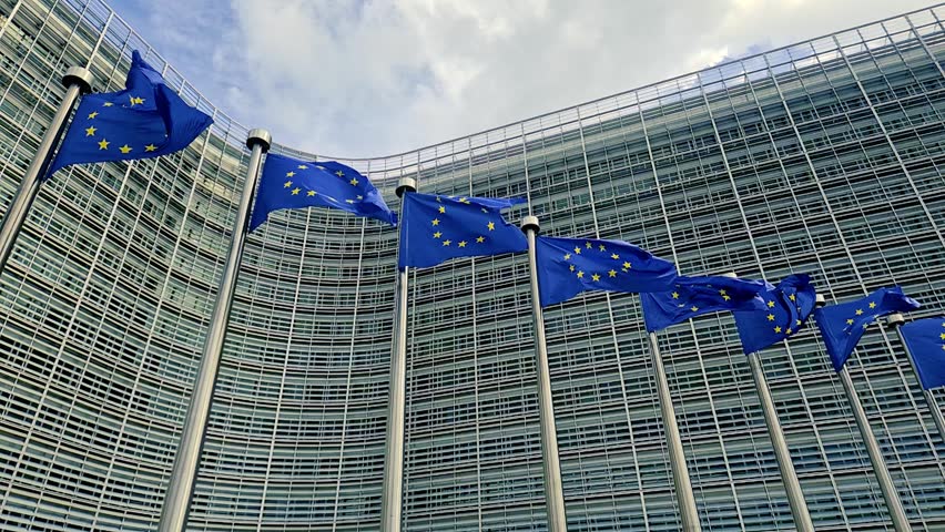 European Union flags at slow motion.