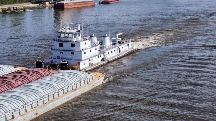 Tug boat pushing a set of barges North up  the Mississippi River